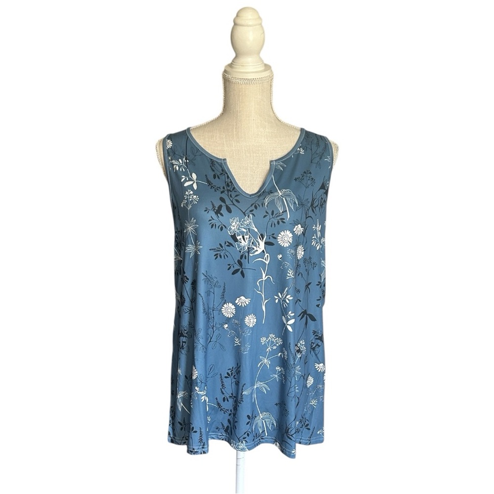 V-Neck Sleeveless Tank All-Over Blue & White Floral Top Breathable Fabric 2XL